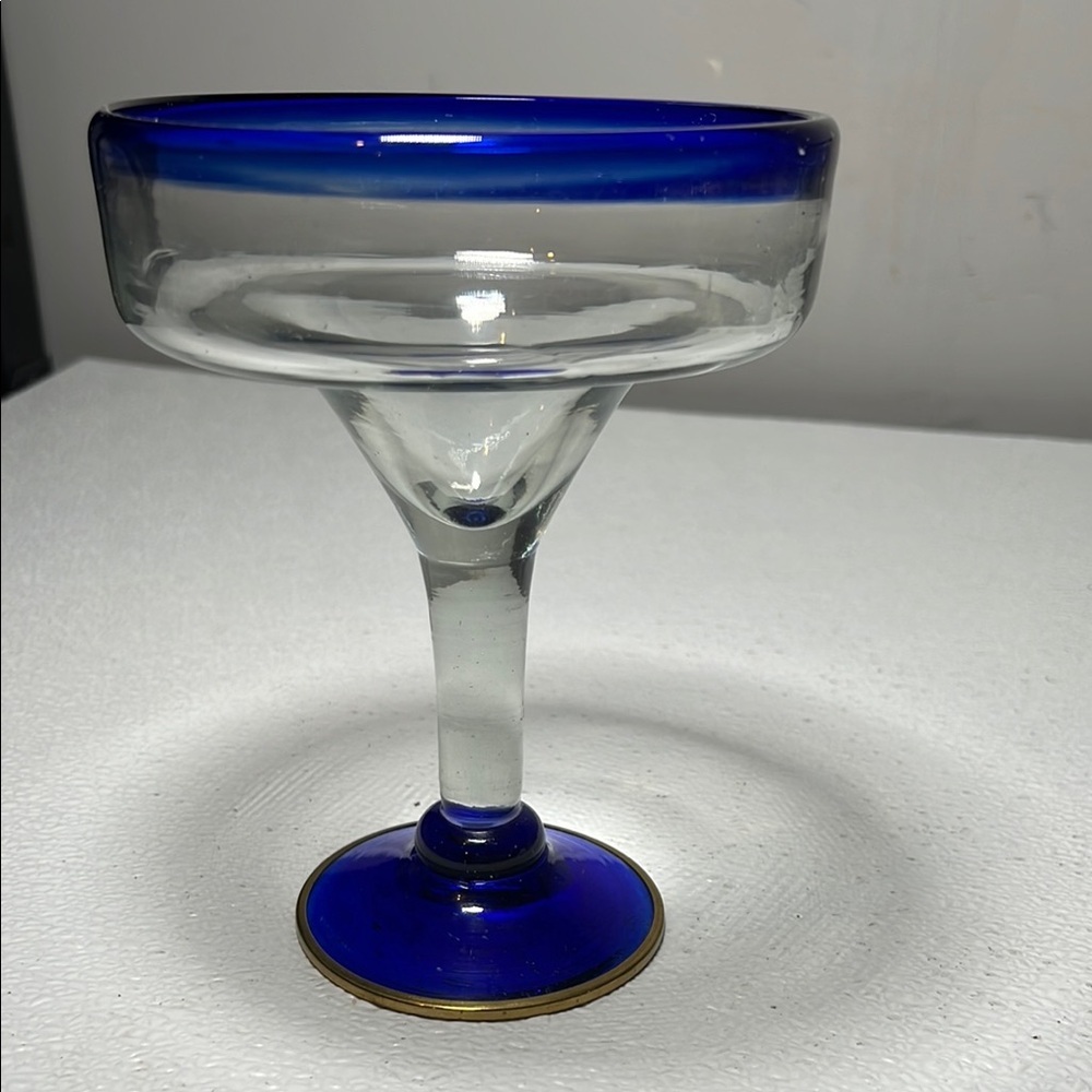 Blue Rim Margarita Glass or Dessert Dish and More Handblown in Mexico